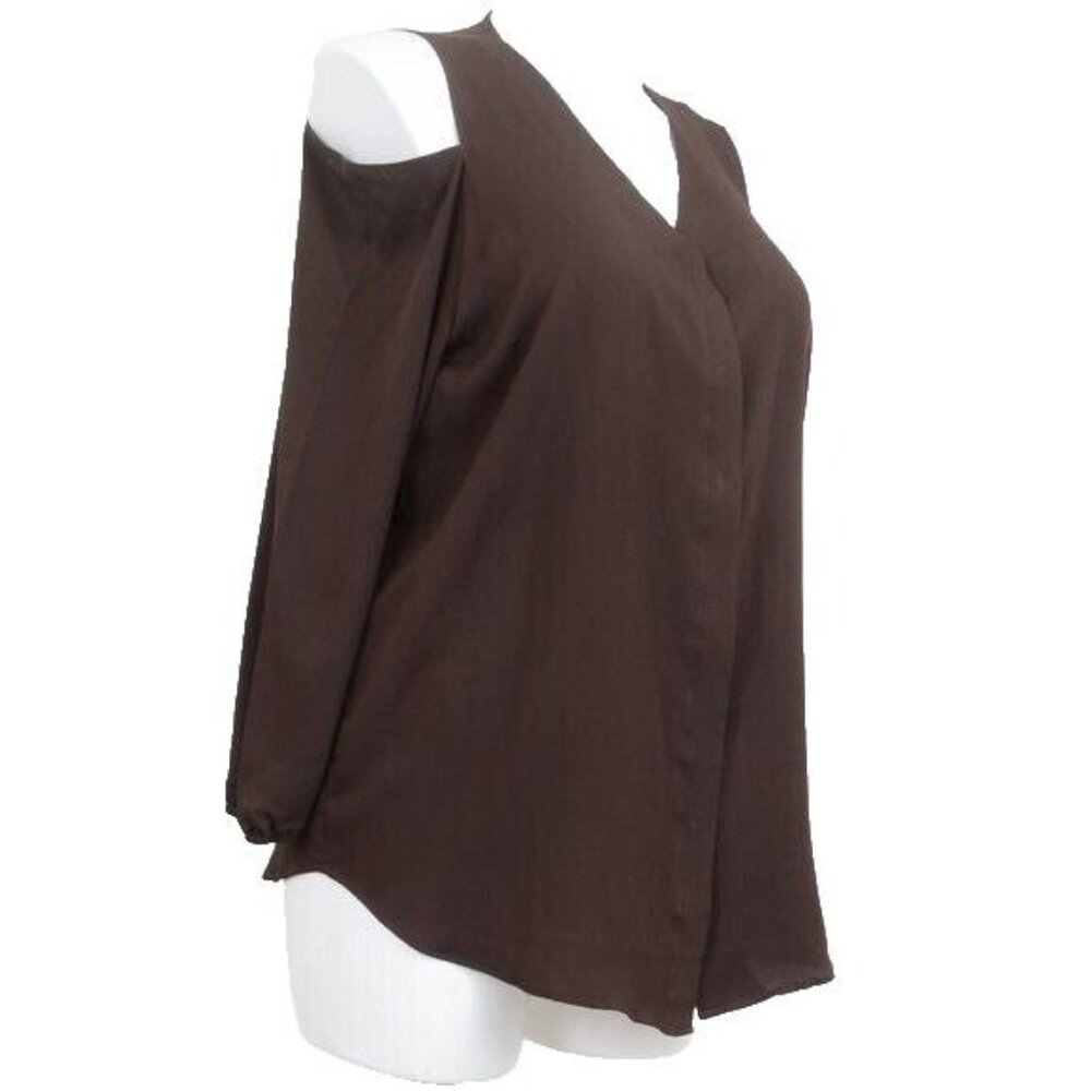 Chico's Sz 3 (XL) Brown Cold Shoulder Long Sleeve Button Up Blouse Mature Office